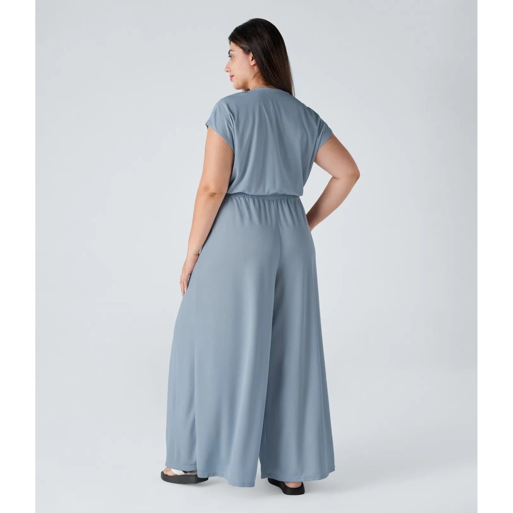 Halara Light Blue Wide Leg Romper Tall Faux Wrap V Neck Size Medium Casual Chic - Picture 2 of 8